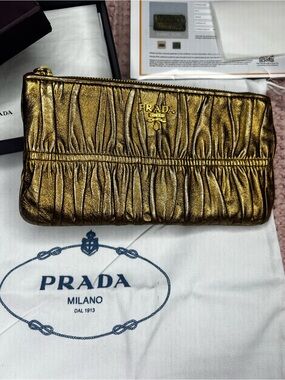 PRADA Metallic Gold Ruched Leather Clutch